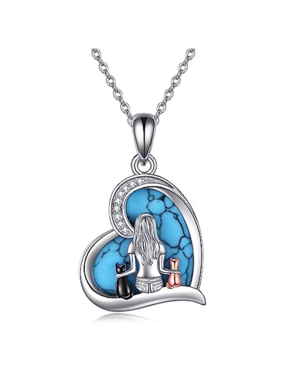 Sterling Silver Cat Necklace Turquoise Heart Pendant Jewelry Gift Women 925